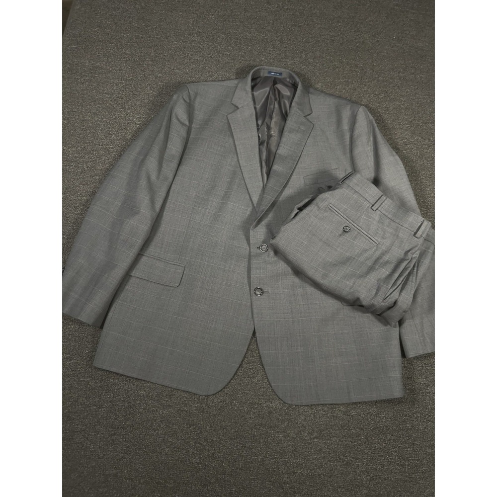 Stafford 2 Piece Suit Men 52R Pants 40x30 Gray Windowpane Classic Stretch Wool